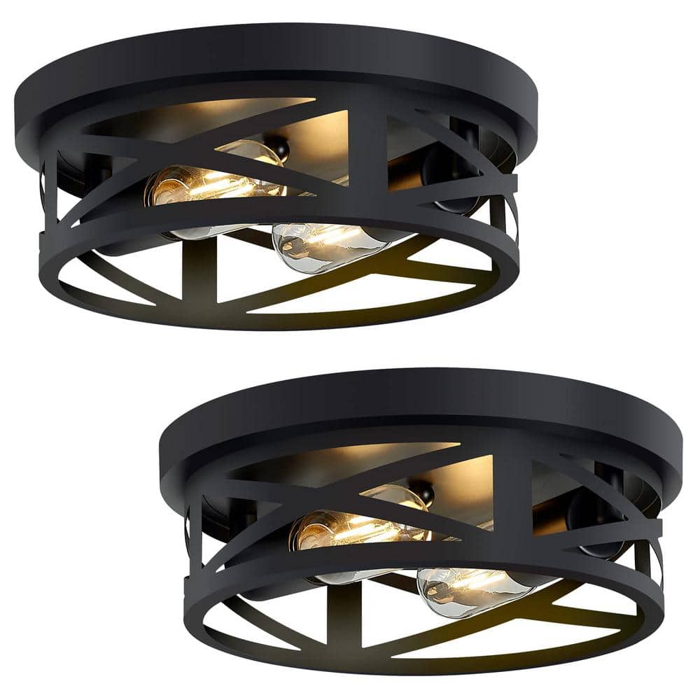 11 in. 2-Light Black Farmhouse Flush Mount with Drum Metal Cage Shade for Entryway Bedroom(2-Pack) - Hercitys