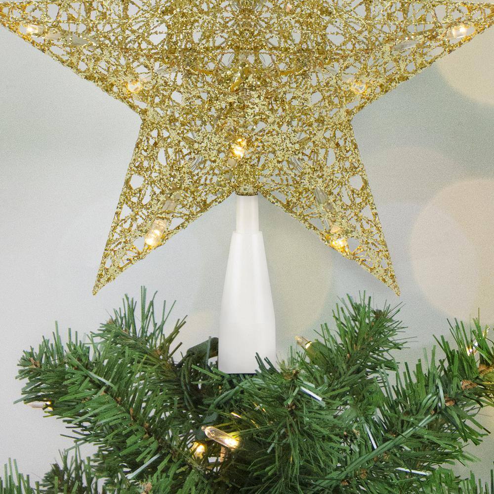 10 in. LED Lighted Gold Glittered Star Christmas Tree Topper – Warm White Lights - Hercitys