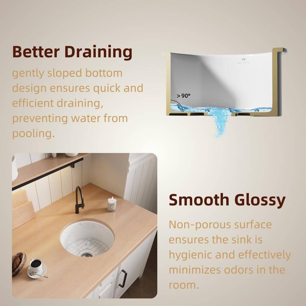 18 in. White Kitchen Sink Undermount, Compact Round Single Bowl Fireclay Basin, Includes Grid and Drain Strainer - Hercitys