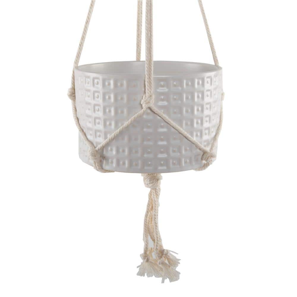 5 in. Matte White Gladiator Ceramic Pot with Macrame Hanging Planter - Hercitys
