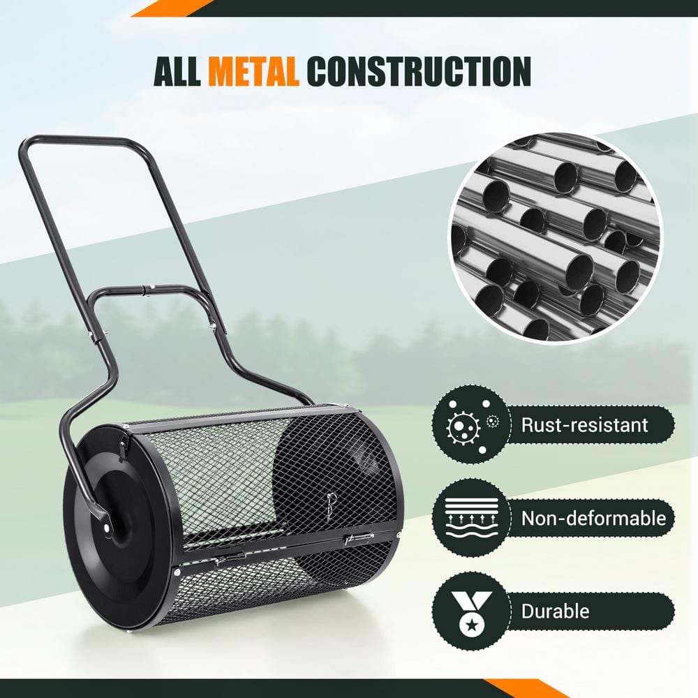 24 in. 2.7 cu. ft. Capacity Handheld Metal Mesh Peat Moss Spreader with Upgrade Side Latches and U-Shape Handle in Black - Hercitys