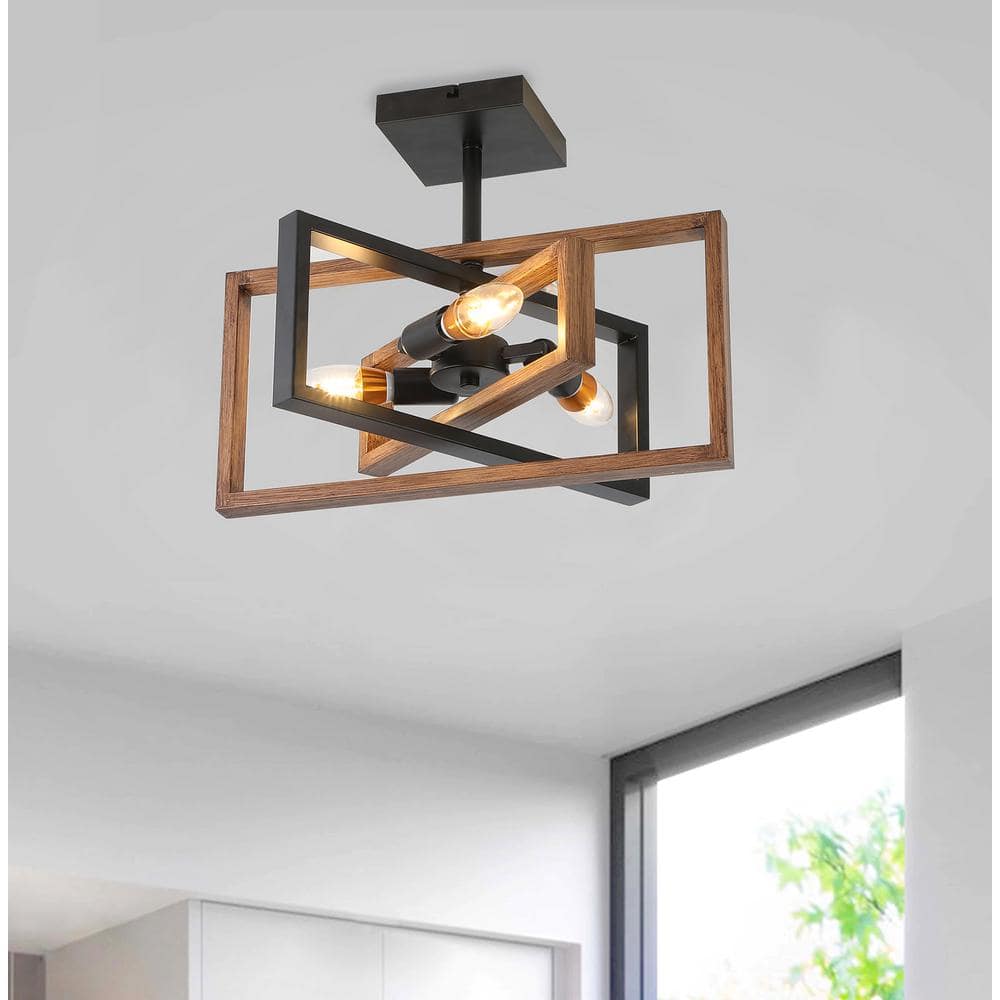 15.7 in. 3-Light Farmhouse Rustic Rectangle Semi Flush Mount Ceiling Light - Hercitys