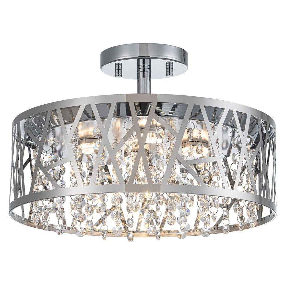 13.78 in. 1-Light Modern Chrome Round Dimmable LED Semi-Flush Mount Ceiling Light with Beaded Drum Crystal Shade - Hercitys