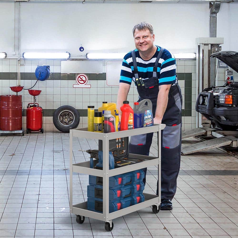 3-Tier Metal Utility Cart 400 lbs. Storage Service Trolley Tool Storage in. Gray - Hercitys