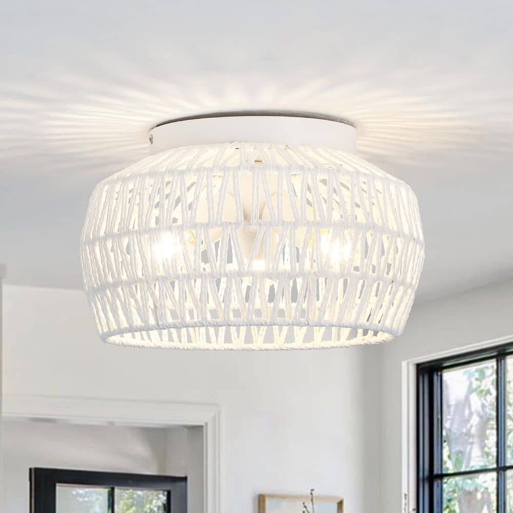 12.59 in. 3-Light White Rattan Semi Flush Mount Chandelier for Hallway Entryway Dining Room and No Bulbs Included - Hercitys