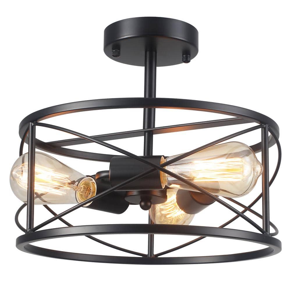 12.6 in. 3-Light Black Semi Flush Mount Ceiling Light Fixture with Metal Cage and No Bulbs Included - Hercitys