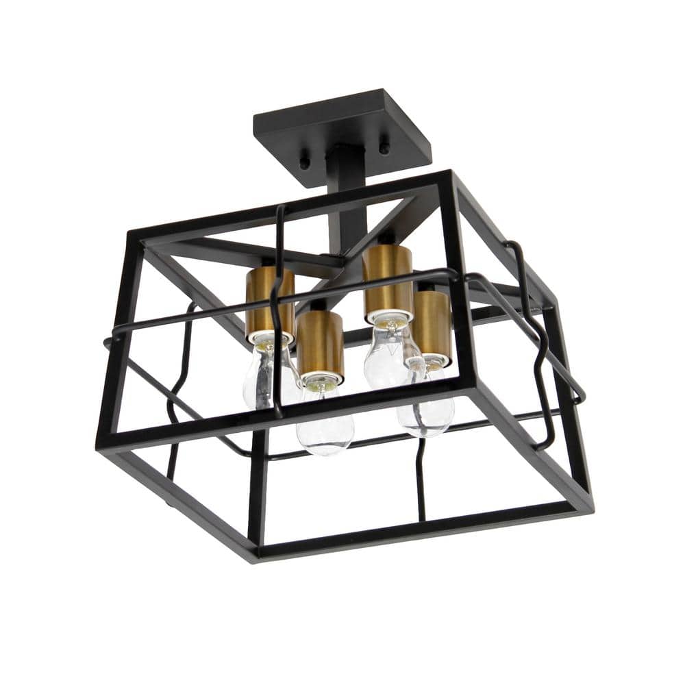 12.4 in. 4-Light Black Semi Flush Mount Fixture Industrial Farmhouse Caged Square Metal Frame Ceiling - Hercitys