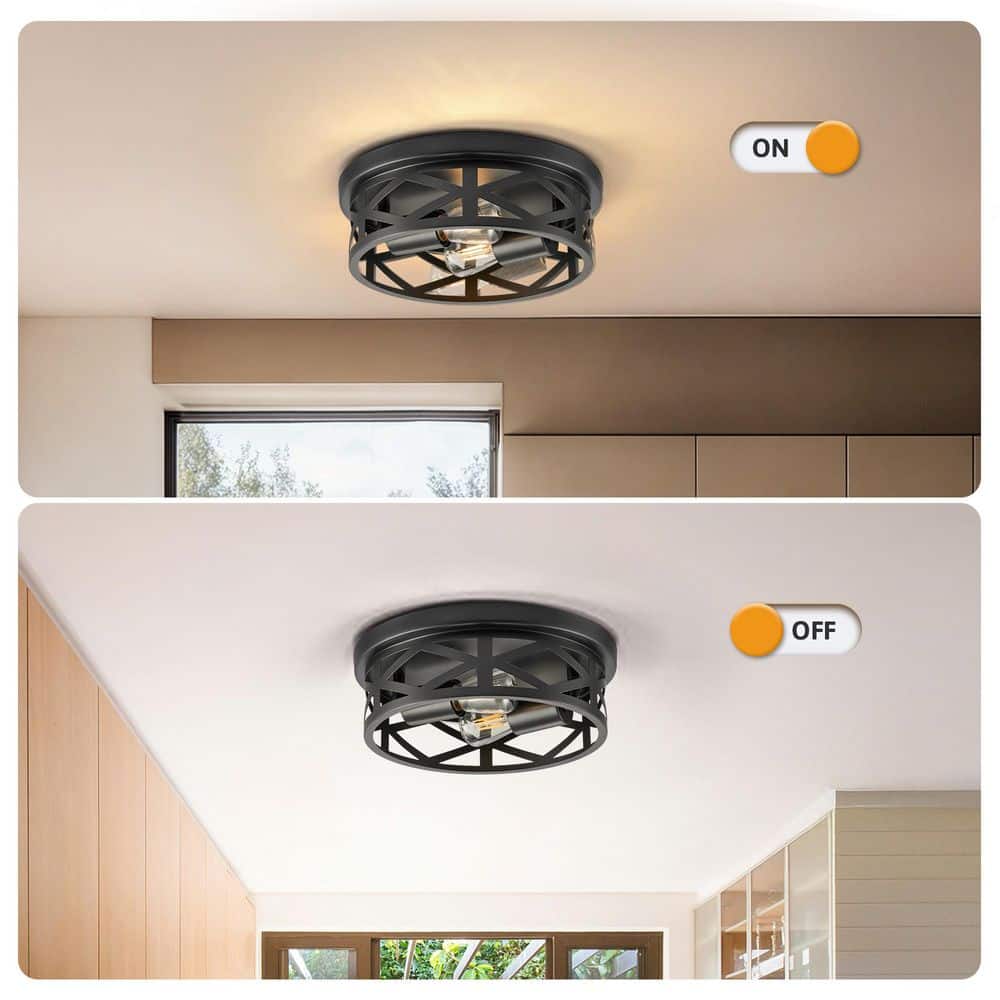 11 in. 2-Light Matte Black Flush Mount Farmhouse Metal Cage Ceiling Lights w/ Adjustable Lamp Holders E26 Bases, 2-Packs - Hercitys
