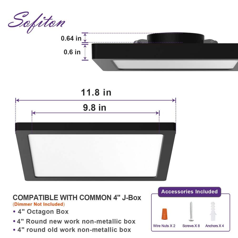 12 in. Black Square New Ultra-Low Profile Integrated LED Flush Mount Ceiling Light 3000K-5000K 3CCT Selectable - Hercitys