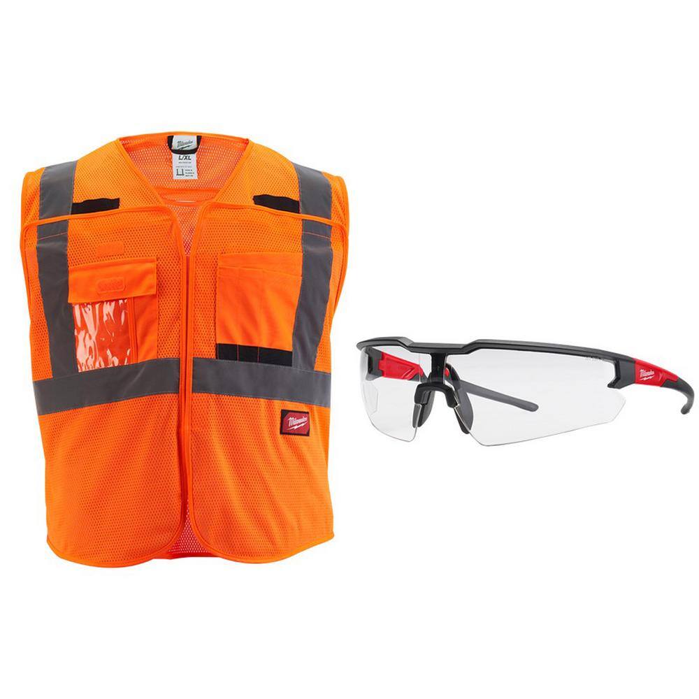2X/3X-Large Orange Class 2 Breakaway Mesh High Vis Safety Vest and Clear Anti Scratch Safety Glasses - Hercitys