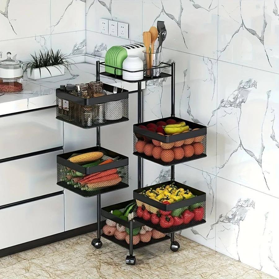 1-Piece 5-Tier Square Metal Rotating Kitchen Storage Rack Fruit Baskets with Locking Wheels, Perfect for Fruits, Black - Hercitys