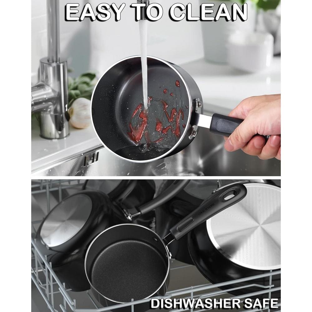 1 qt. and 2 qt. 2-Piece Black Aluminum Nonstick Saucepan with Glass Lid - Hercitys