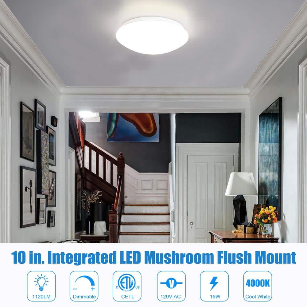 10 in. Dimmable Mushroom White LED Flush Mount Light Fixture 4000K - Hercitys