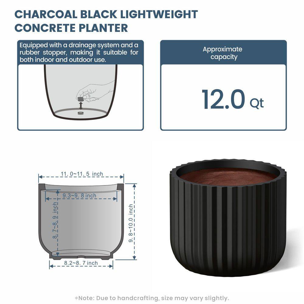 11.5 in. Medium Charcoal Black(Premium Inner) Concrete Round Planter/Pot with Drainage Holes - Hercitys