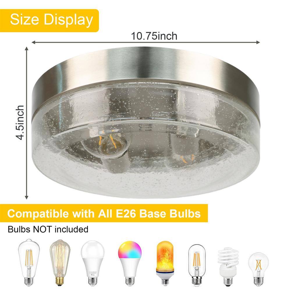 10.75 in. 2-Light Modern Silver Flush Mount Ceiling Light Hight Quality Glass Shade - Hercitys