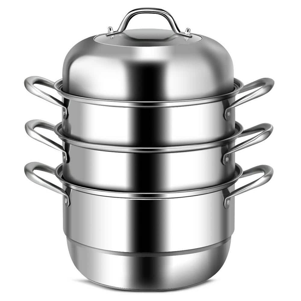 3-Tier 11.6 qt. Stainless Steel Steamer Insert Saucepot  Stock Pot with Lid, Safe Loop Handles - Hercitys