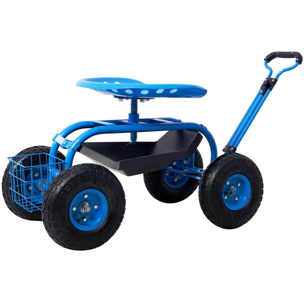 4 cu. ft. Blue Steel Rolling Garden Scooter Garden Cart Seat with Wheels and Tool Tray, 360 Swivel Seat - Hercitys