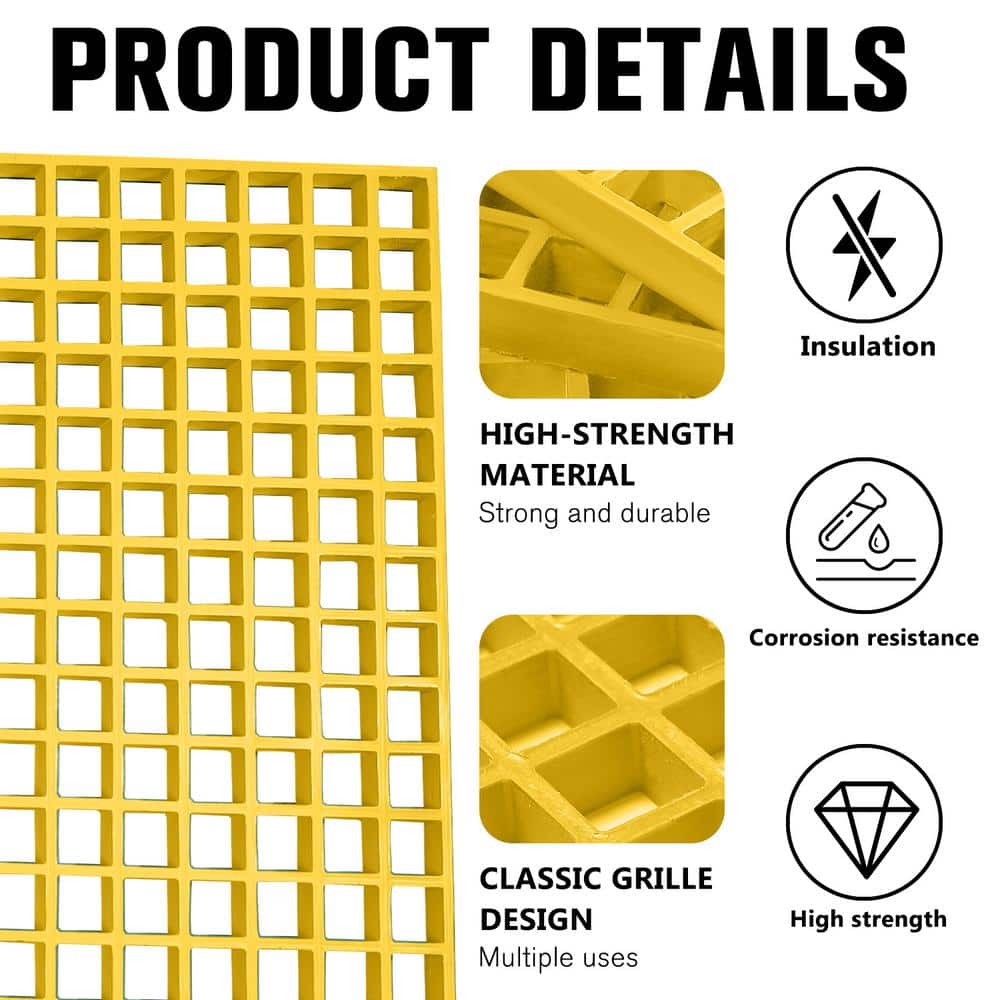 1 ft. x 1 ft. x 1 in. Fiberglass Molded Grating, 1.5 in. x 1.5 in. x 1 in., Yellow - Hercitys