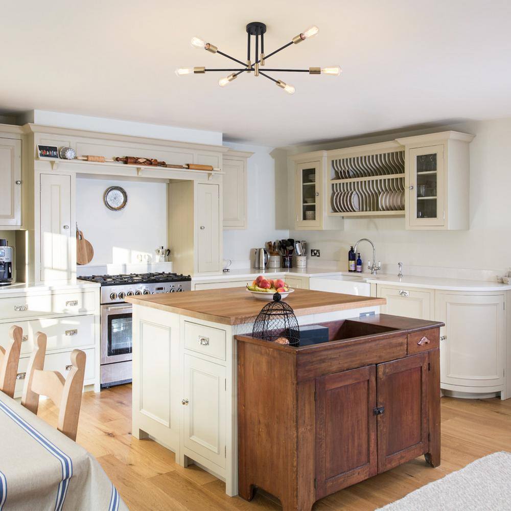 27.56 in. 6-Light Modern Black/Golden Semi-Flush Mount for Bedroom Foyer with No Bulbs Included - Hercitys