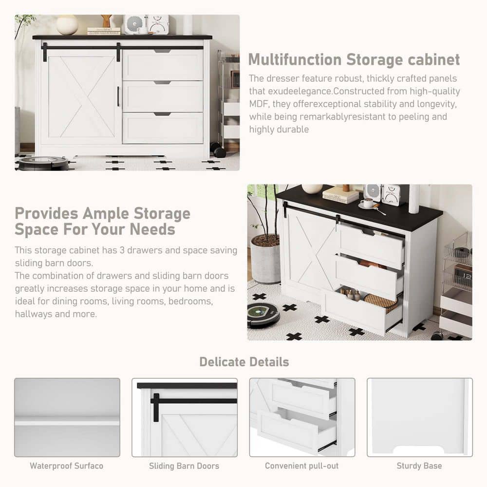 47.2 in. W x 15.7 in. D x 31.8 in. H White Pantry Cabinet With 3 Drawers and Sliding Doors with Black Top - Hercitys