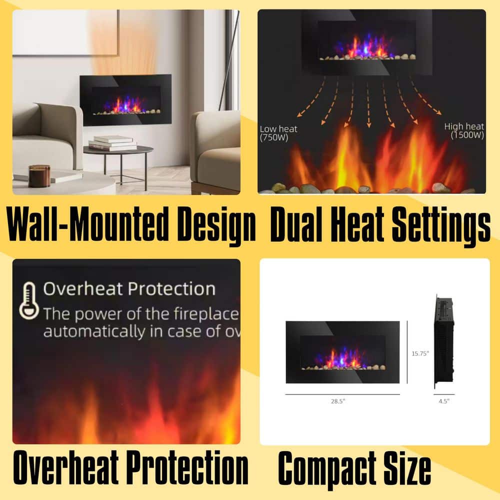 28.5 in. 1500-Watts Electric Wall-Mounted Fireplace with Flame Effect, 7 Color Background Light, Black - Hercitys