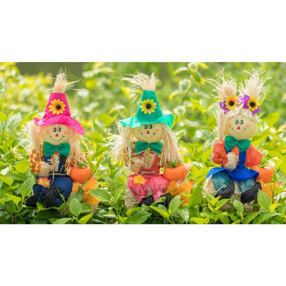 13 Inch Adorable Trio Yard Decor Featuring Outdoor Garden Scarecrows Relaxing Gracefully on Rustic Hay Bales - Hercitys