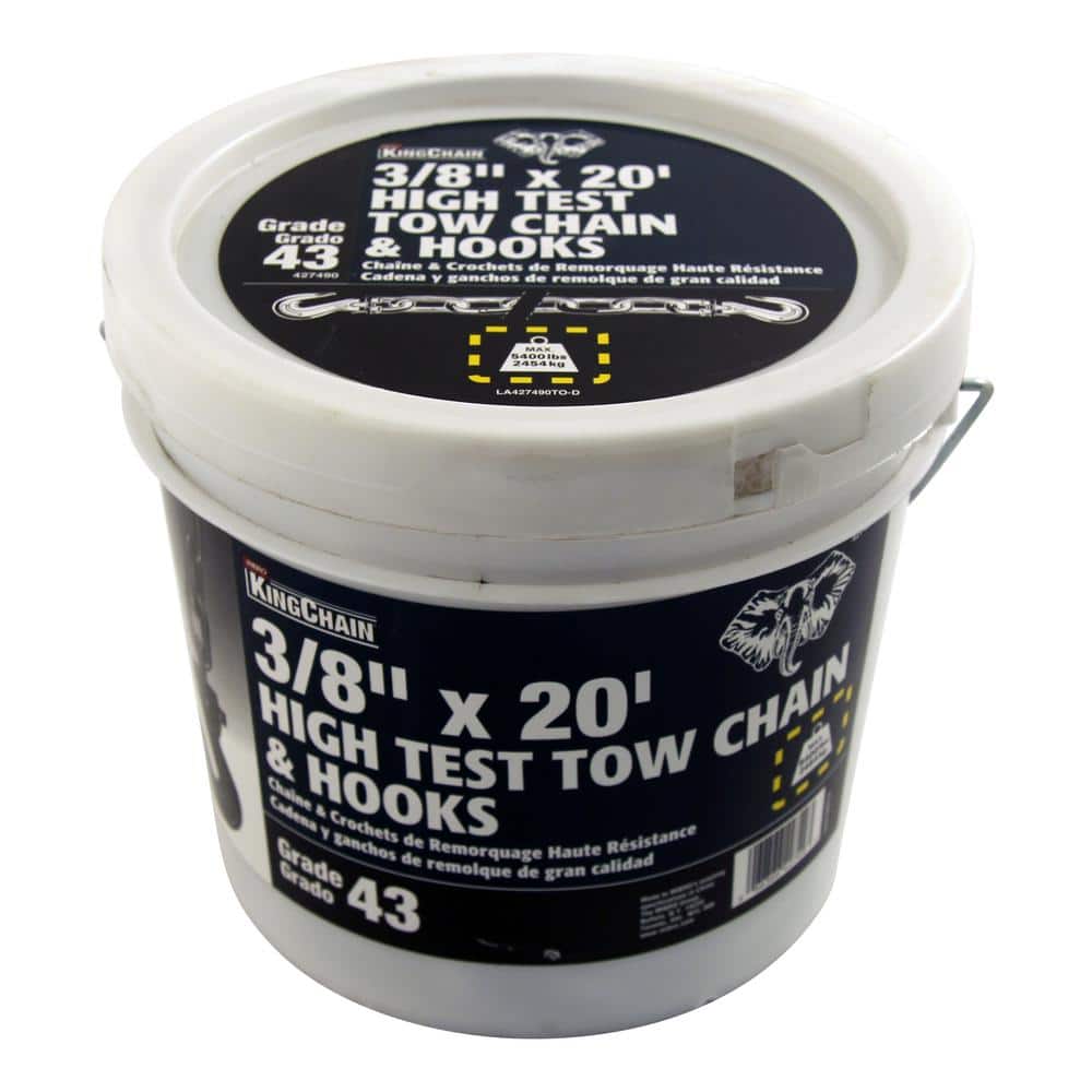 3/8-in x 20-ft Zinc-Plated Grade 43 High-Test Tow Chain with 3/8-in Grab Hooks – 5,400 lbs Safe Work Load – Storage Pail - Hercitys