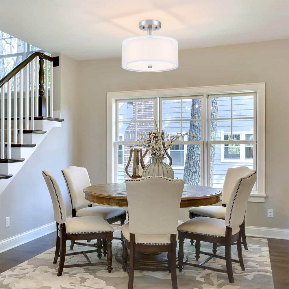 12 in 3-Light Modern Brushed Nickle Semi Flush Mount with Fabric Shade - Hercitys