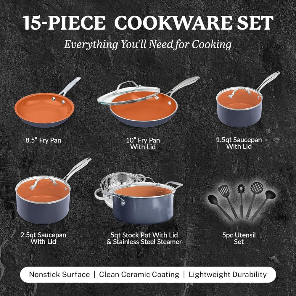 15-Piece Aluminum Ti-Ceramic Nonstick Cookware Set with Utensils in Graphite - Hercitys