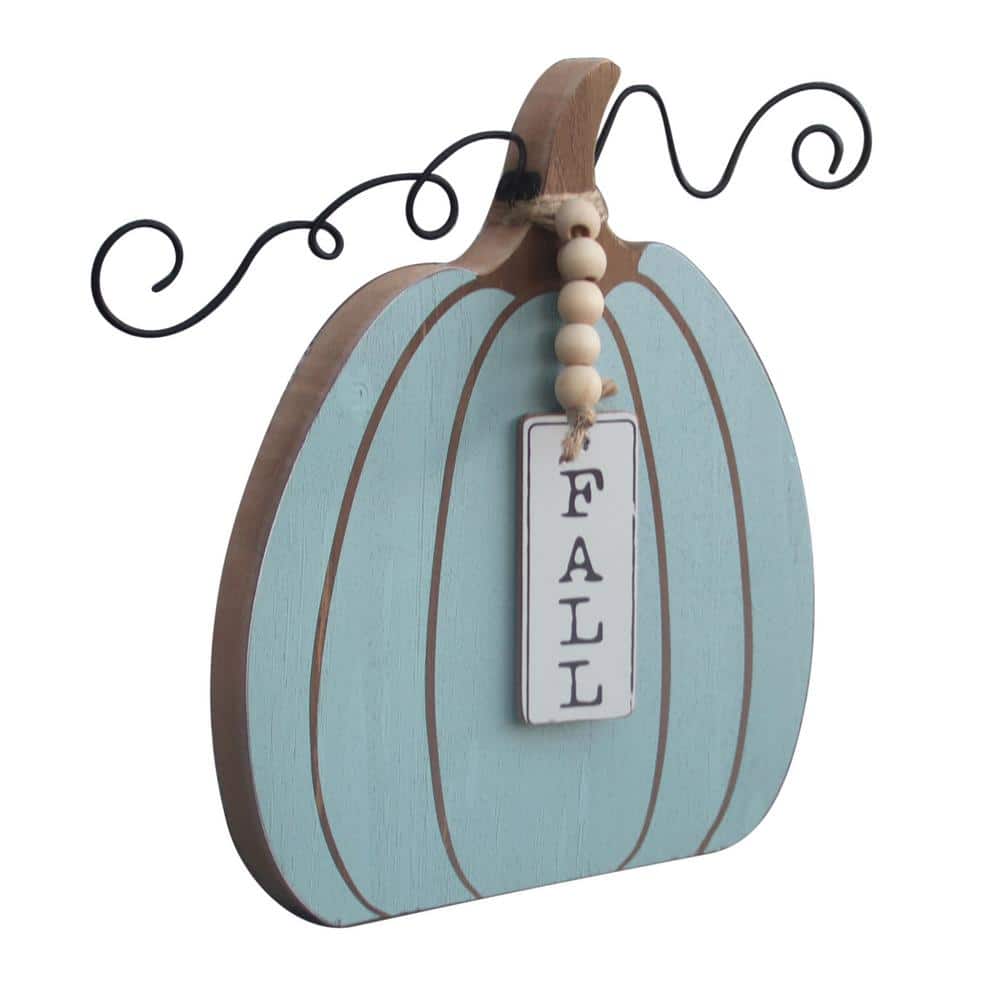 10.5 in. Blue Wood Autumn Harvest Pumpkin Wood Tabletop Decor - Hercitys