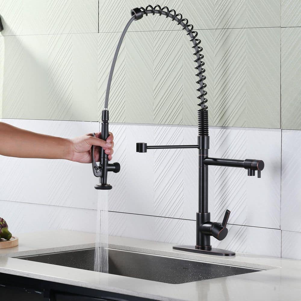 28.7 in. Single Handle Brass Pre-Rinse Spring Pull Down Sprayer Kitchen Faucet with 360° Swivel Pot Filler in Bronze - Hercitys