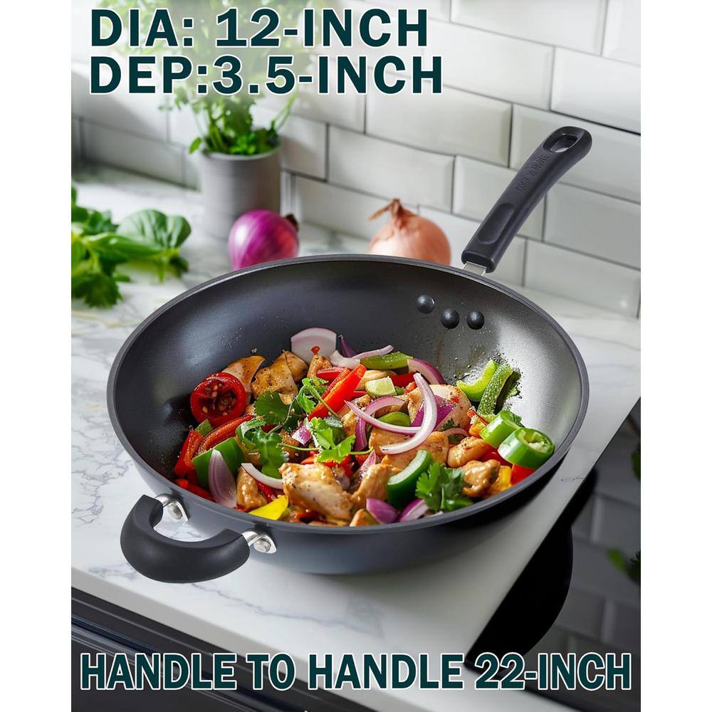 12 in. Hard Anodized Aluminum Nonstick Wok Pan with Lid, Induction Compatible - Hercitys