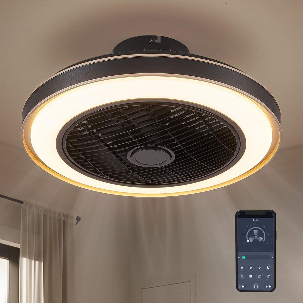 20 in. Indoor Black Modern Low Profile Ceiling Fan with LED Light Caged Enclosed Ceiling Fan with Remote and APP Control - Hercitys