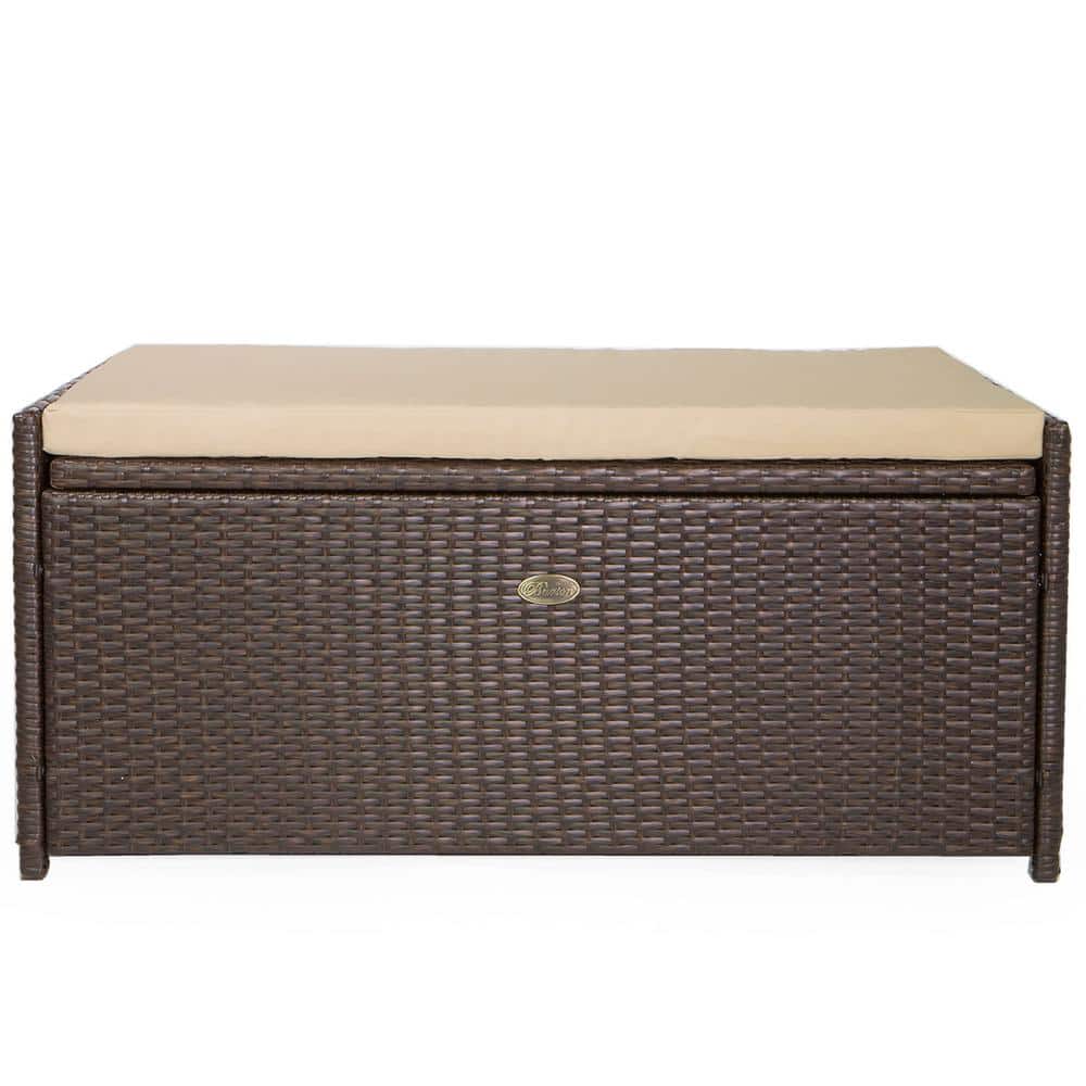 57 Gal. Capacity Brown Outdoor Patio Wicker All Weather Rattan Deck Box Storage Bench Seat with Beige Cushion - Hercitys