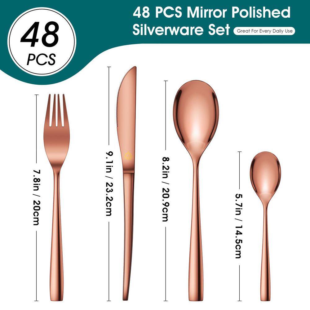 48-Piece Rose Gold Stainless Steel Flatware Set Silverware Set Serving Set Service for 12 - Hercitys