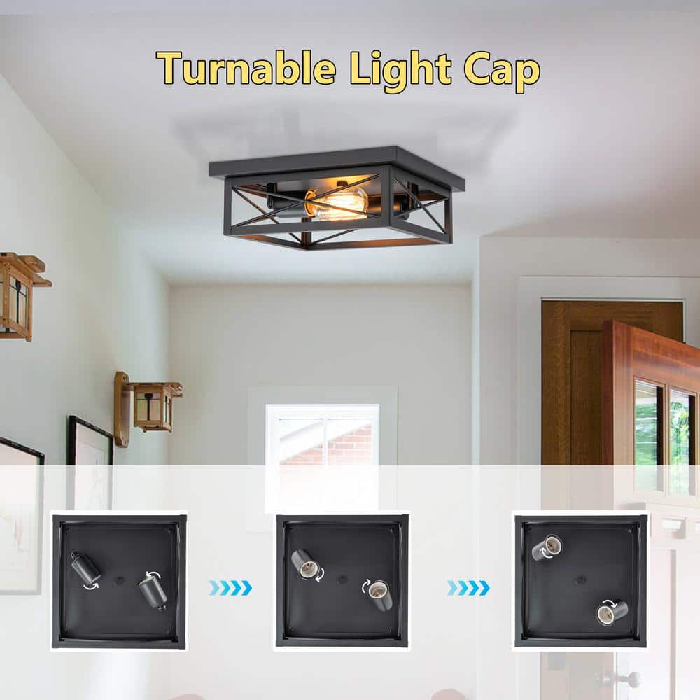 10.75 in. 2-Light Industrial Black Square Flush Mount Ceiling Light with Turnable Light Cap, No Bulb Included (2-Pack) - Hercitys