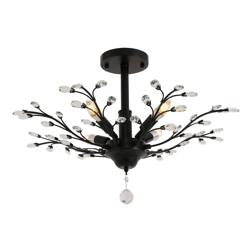 23.62 in. Black Vintage Crystal Branches Design 4-Light Semi-Flush Mount Ceiling Light for Bedroom, No Bulbs Included - Hercitys