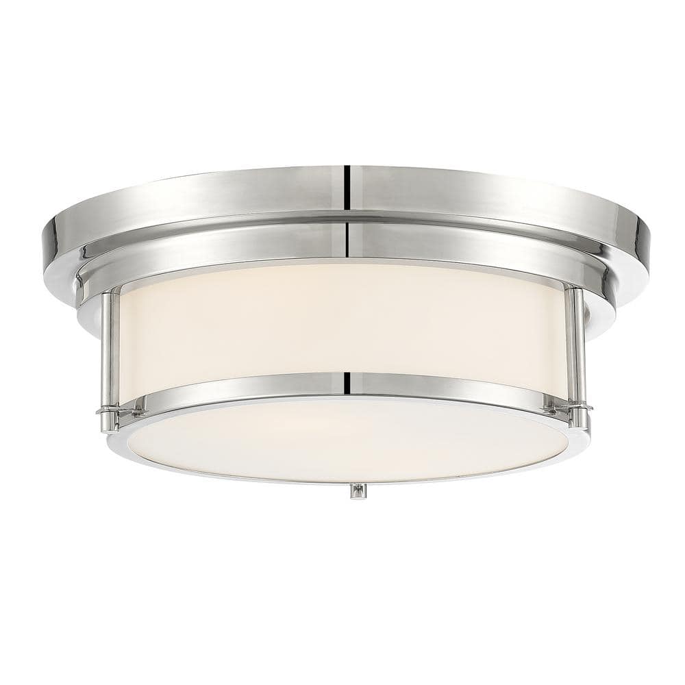 13 in. W x 4.5 in. H 2-Light Polished Nickel Flush Mount Light with White Glass Cylindrical Shade - Hercitys