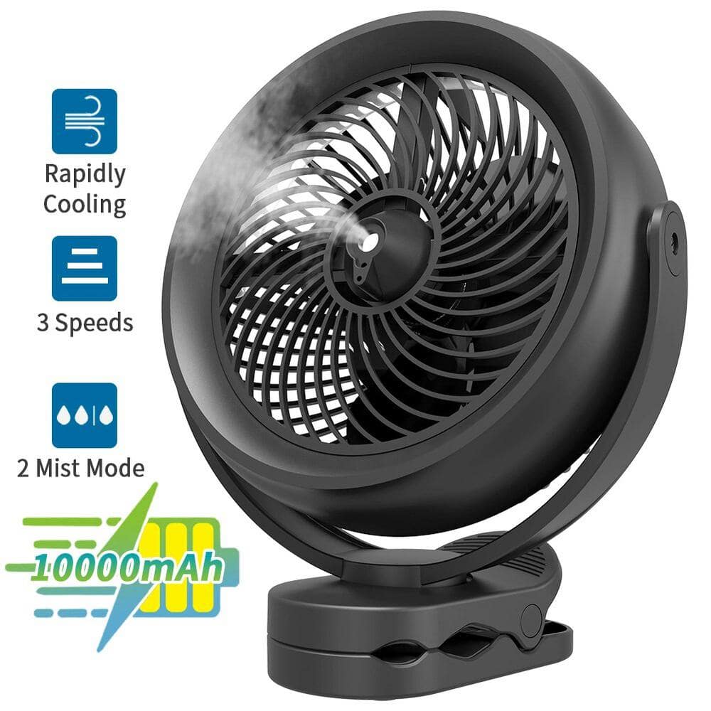 10000mAh Battery Operated 8 in. 3 Fan Speeds Personal Misting Fan in Black Detachable Battery 2 Mist Modes w/200ml Tank - Hercitys
