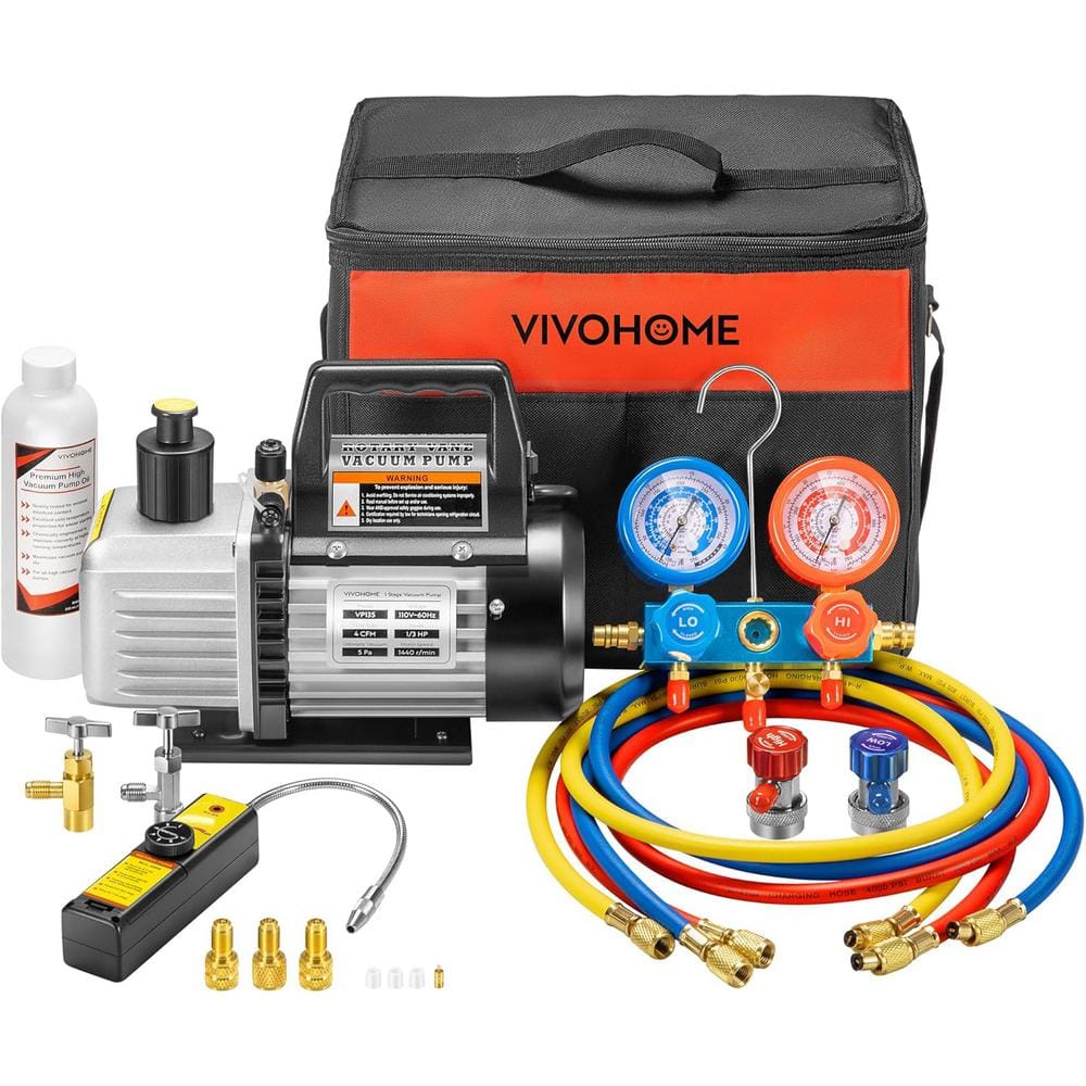 110-Volt 1/3 HP 4CFM Single Stage Rotary Vane Air Vacuum Pump and AC Manifold Gauge Set Kit with Leak Detector in Black - Hercitys