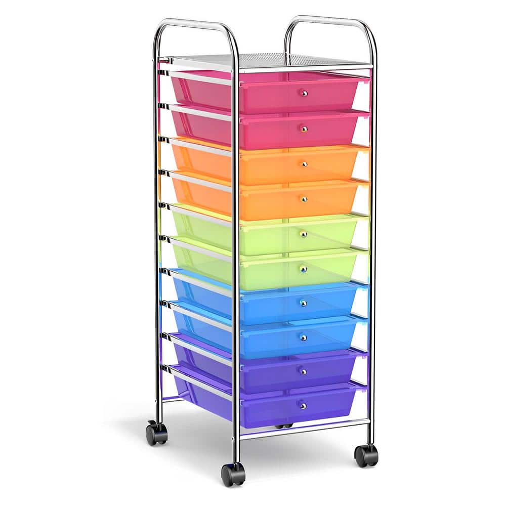 10-Tier Transparent Multicolor Rolling Storage Cart Organizer Steel Kitchen Cart with Plastic Drawers - Hercitys