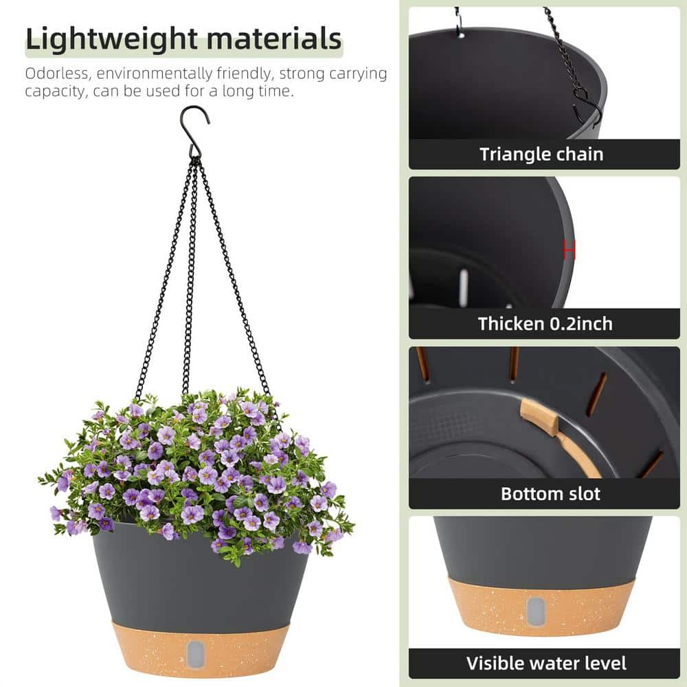 10 in. Dia Drak Gray Plastic Hanging Basket with Visible Water Level (2-Pack) - Hercitys