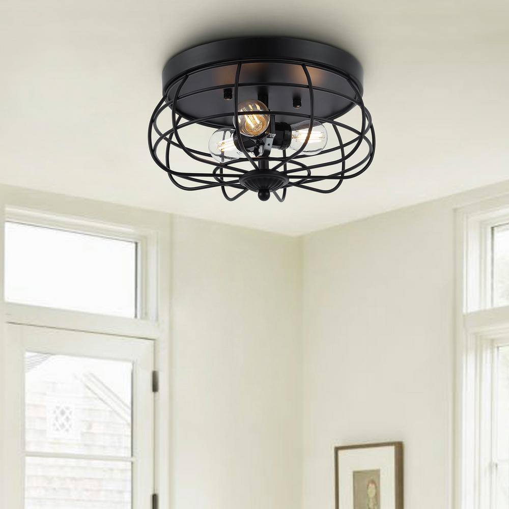 11 in. 3-Light Black Farmhouse Caged Flush Mount - Hercitys