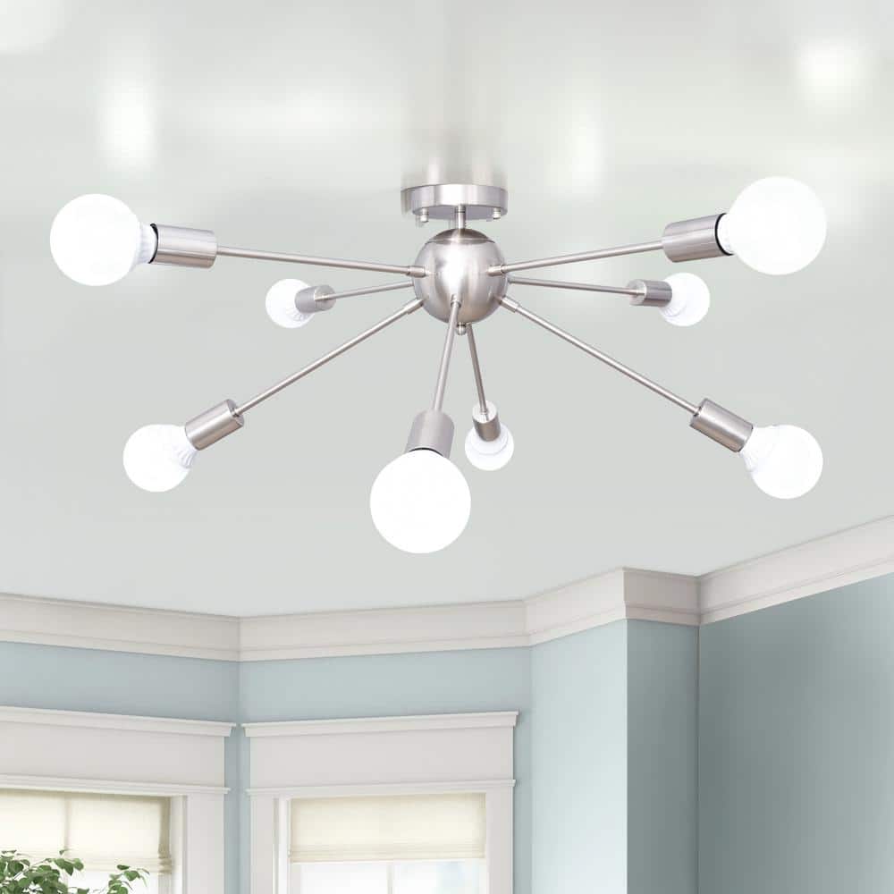 24.6 in. 8-Light Nickel Sputnik Semi Flush Mount Chandelier for Bedroom Living Room with No Bulbs Included - Hercitys