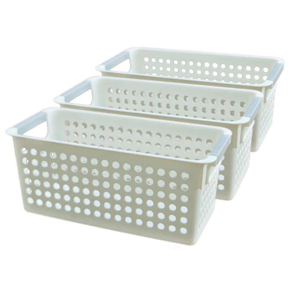 1.33 G White Rectangular Plastic Shelf Organizer Basket with Handles Set of 3 - Hercitys