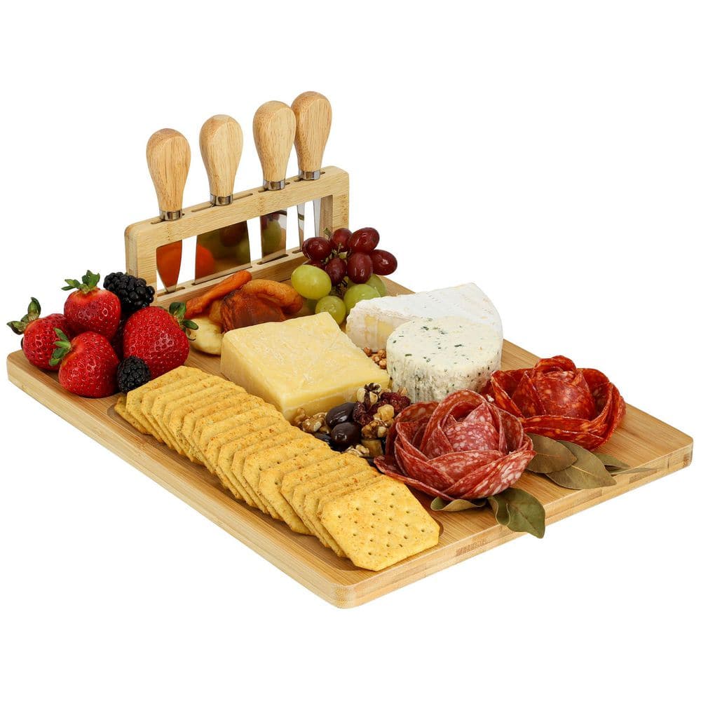 14 in. Bamboo Charcuterie and Cheese Board with Knife Stand Attachment and 4 Piece Knife Set - Hercitys