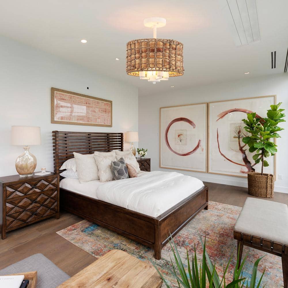 11.81 in. 4-Light Distressed White Drum Natural Rattan Seagrass Semi Flush Mount Ceiling Light with No Bulbs Included - Hercitys