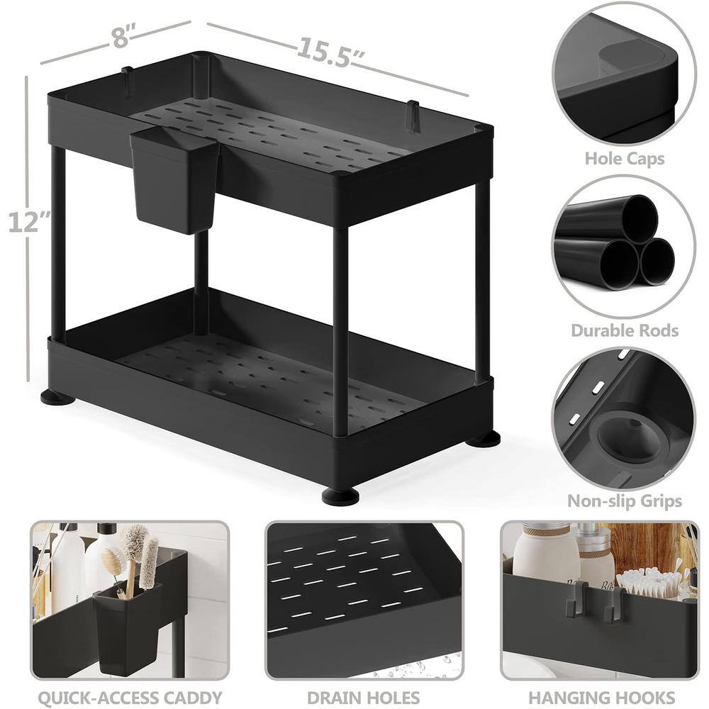 2-Tier Black Under Sink Organizer Storage Cabinet Basket Drawer - Hercitys