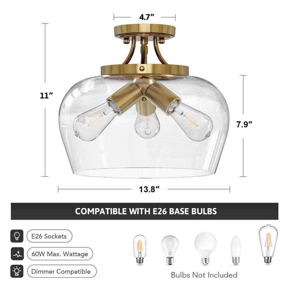 11 in. 3-Light Antique Brass Semi-Flush Mount Ceiling Light with Glass Shade - Hercitys