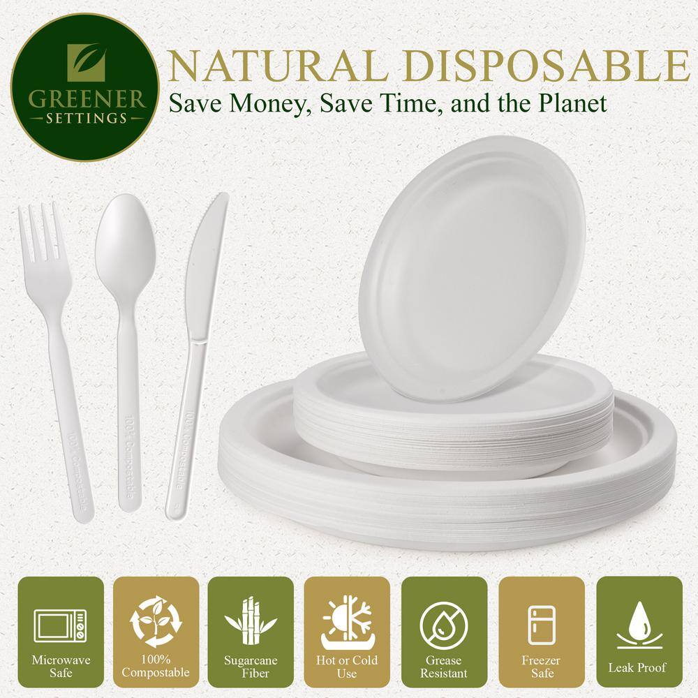 10/7 in. White Compostable Disposable Paper Plate Set Plus Cutlery [25 Guest Service] - Hercitys